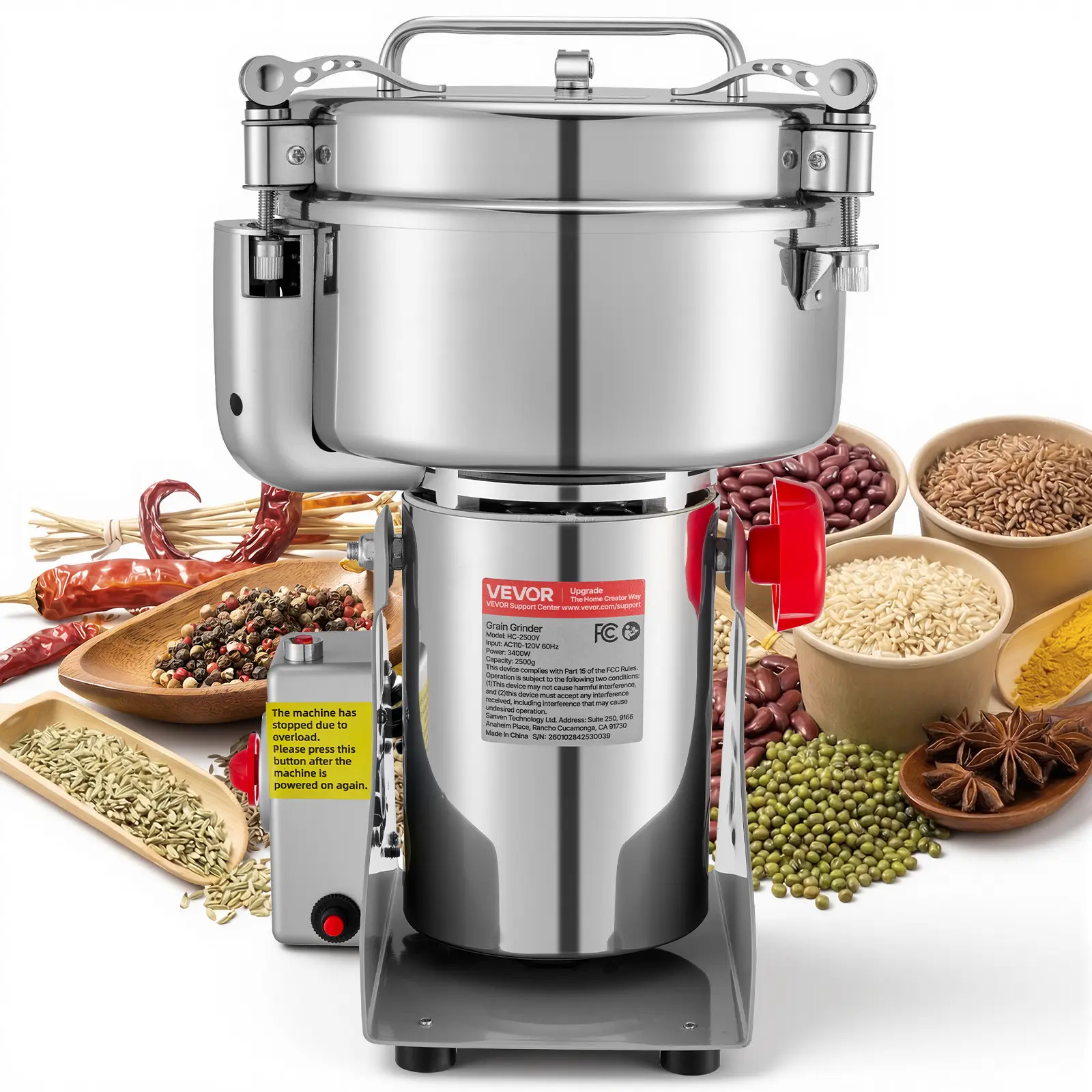 【Summerfinds】VEVOR 2500g Electric Grain Mill Grinder, 3400W 32000RPM High Speed Spice Corn Dry Grinding Machine, Stainless Steel Pulverizer Powder Machine for Dried Grains Coffee Beans Spices Nuts (270° Swing Type)