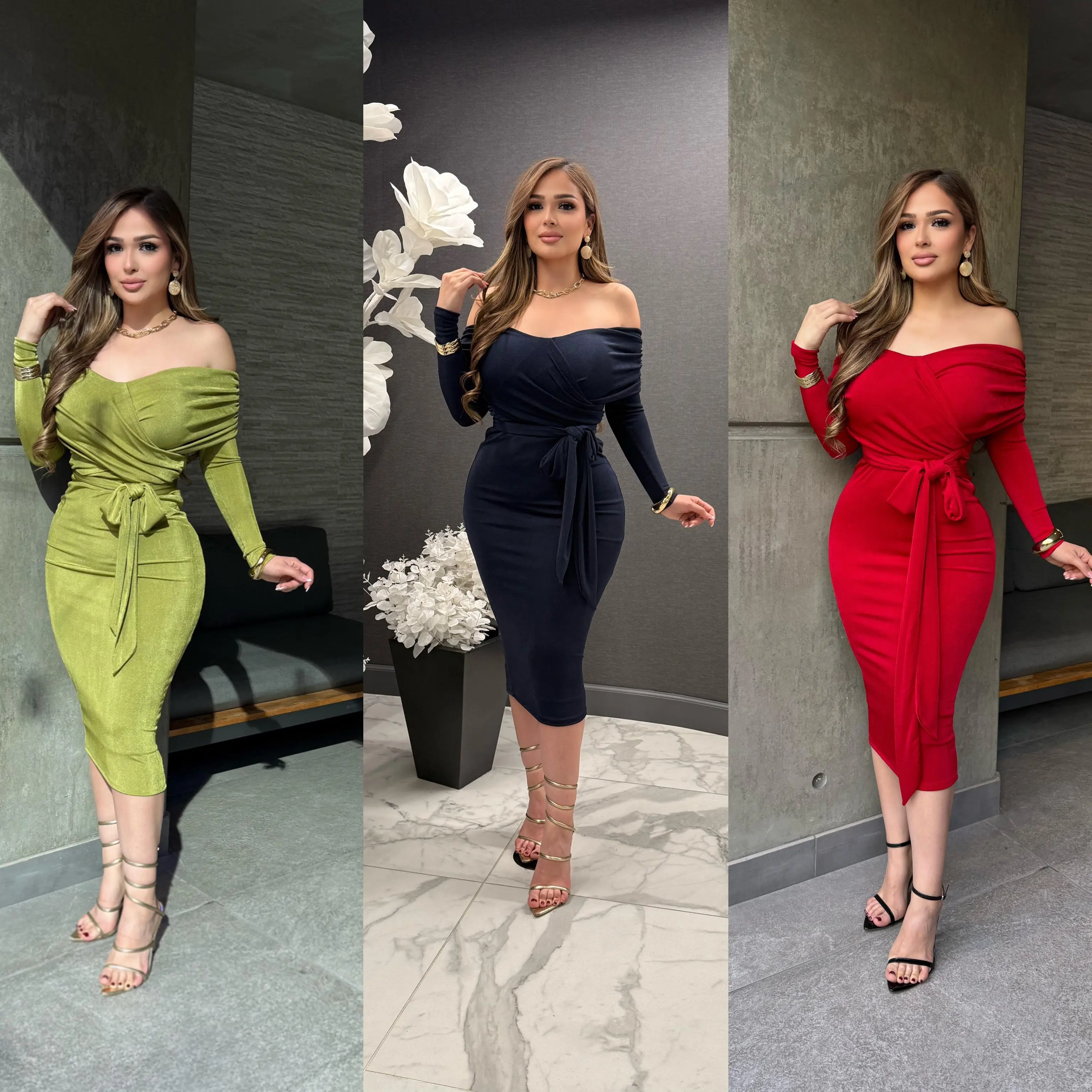 Women's Chic and Stylish Black Off-Shoulder Long Sleeve Minimalist Bodycon Dress, Nylon-Spandex Blend Casual Wear