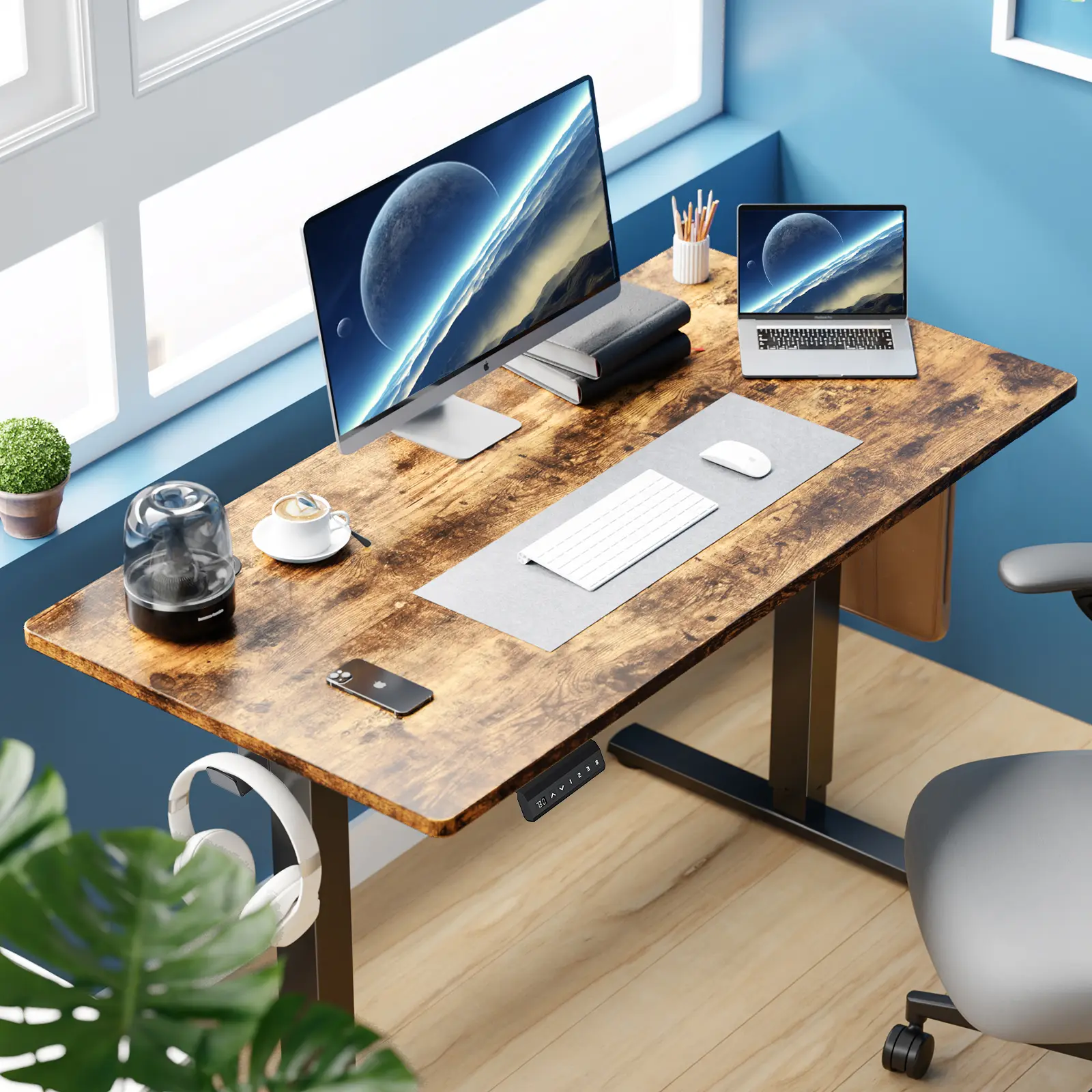 Electric Height-Adjustable Standing Desk - Sturdy, Modern, Ergonomic Sit-to-Stand Commercial Office Furniture for Computer, 48"x24" Adjustable Height Workbench with Wood & Metal Build, T-Shaped Base Stays Steady, 176 lbs Capacity, 48" X 24", Ergonomic Adj