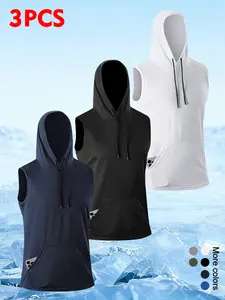 3-Pack Men’s Summer Casual Vacation Sleeveless Hooded Tank Top, Quick-Dry Fabric, Front and Side Pockets, Ideal for Beach Vacations, Strolling on the Sand, and Summer Outings