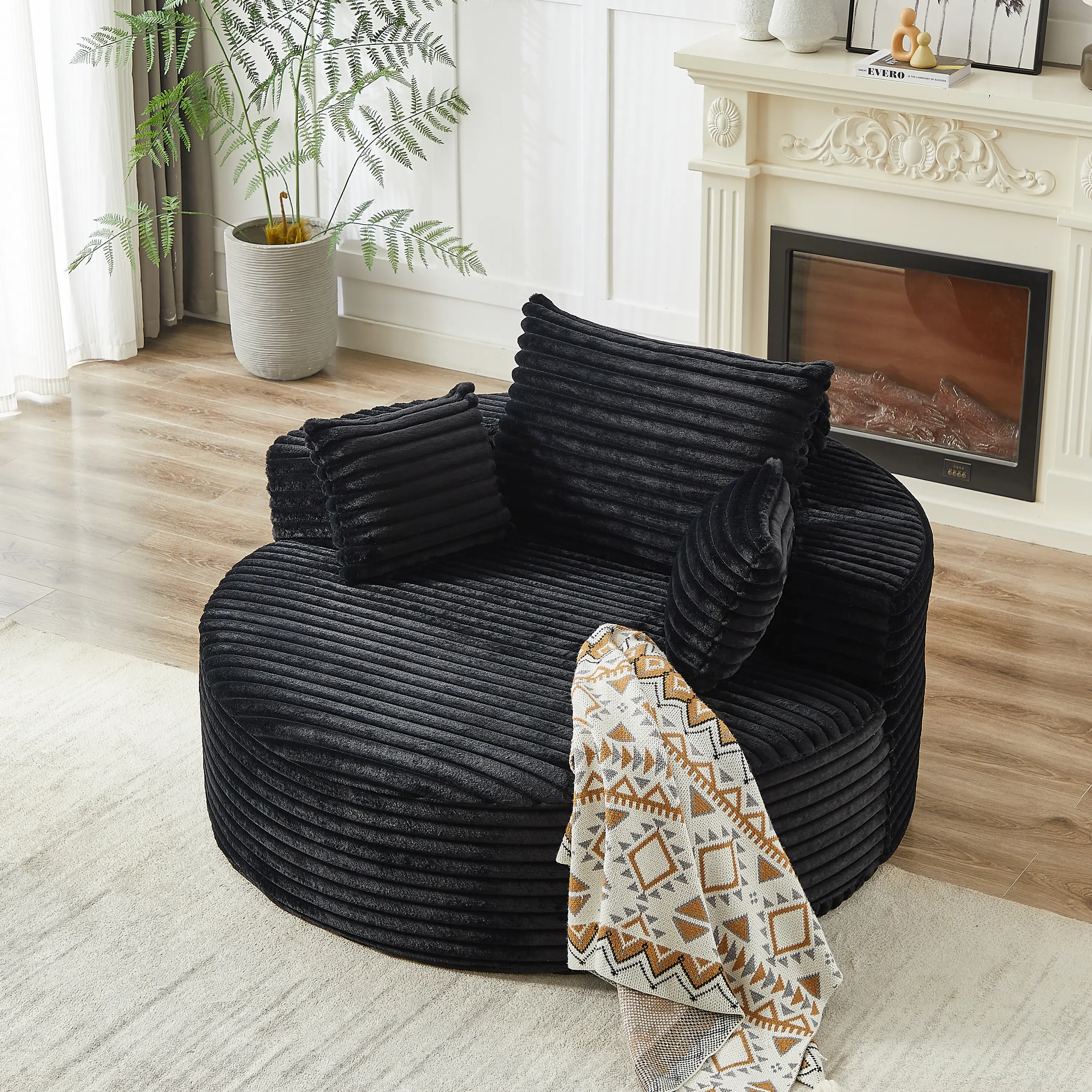 Niccae 55in Corduroy Foam Faux Fur Indoor Furniture Chair - 360-Degree Swivel Single Sleeper, Bedroom Reading & Floor Lounge Piece for Living Room Room Decor, Pillow Back For Lounging