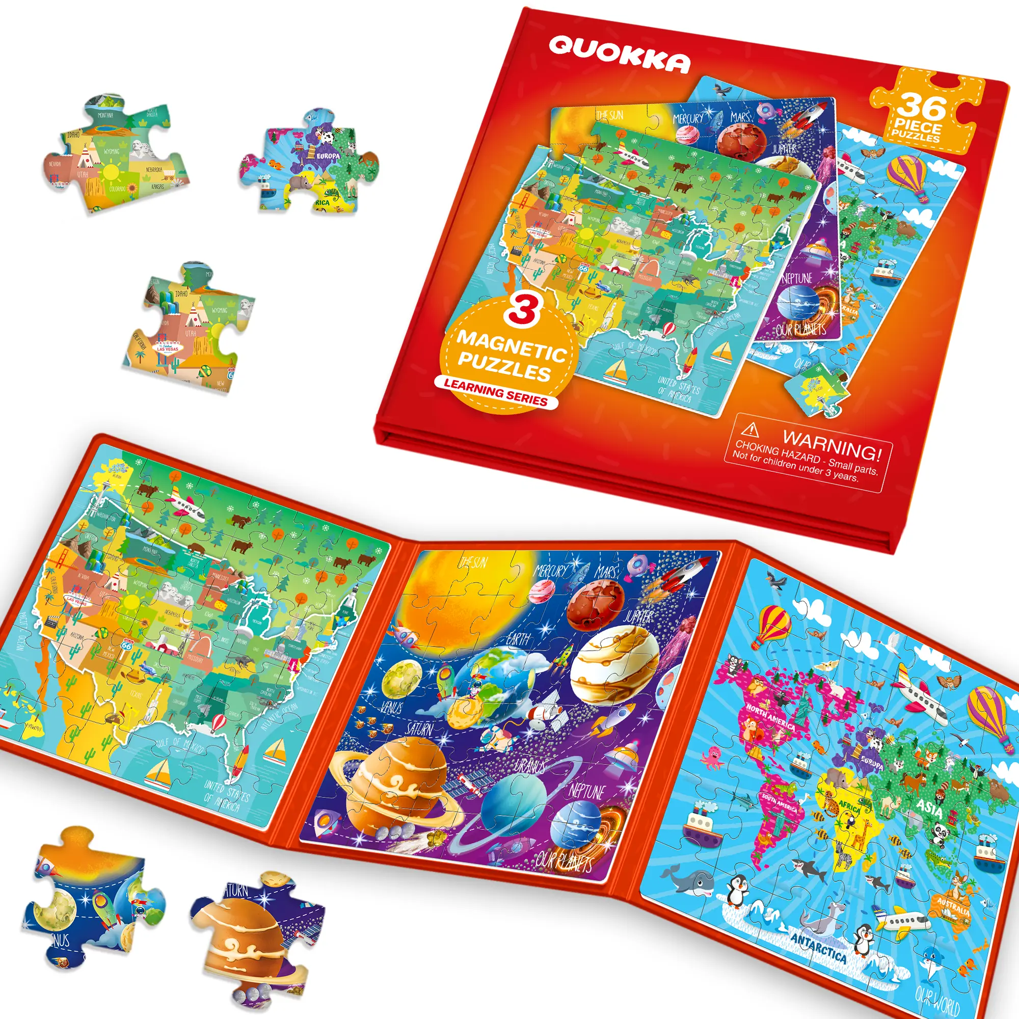 QUOKKA Magnetic Game - 36-Piece Magnetic Puzzle Blocks, Toy Jigsaw Puzzles for 4-6 Years Kids, 6.9x6.9in Travel Toys with USA Map, World Map, Space Designs, Indoor Fun Screen Time Alternative