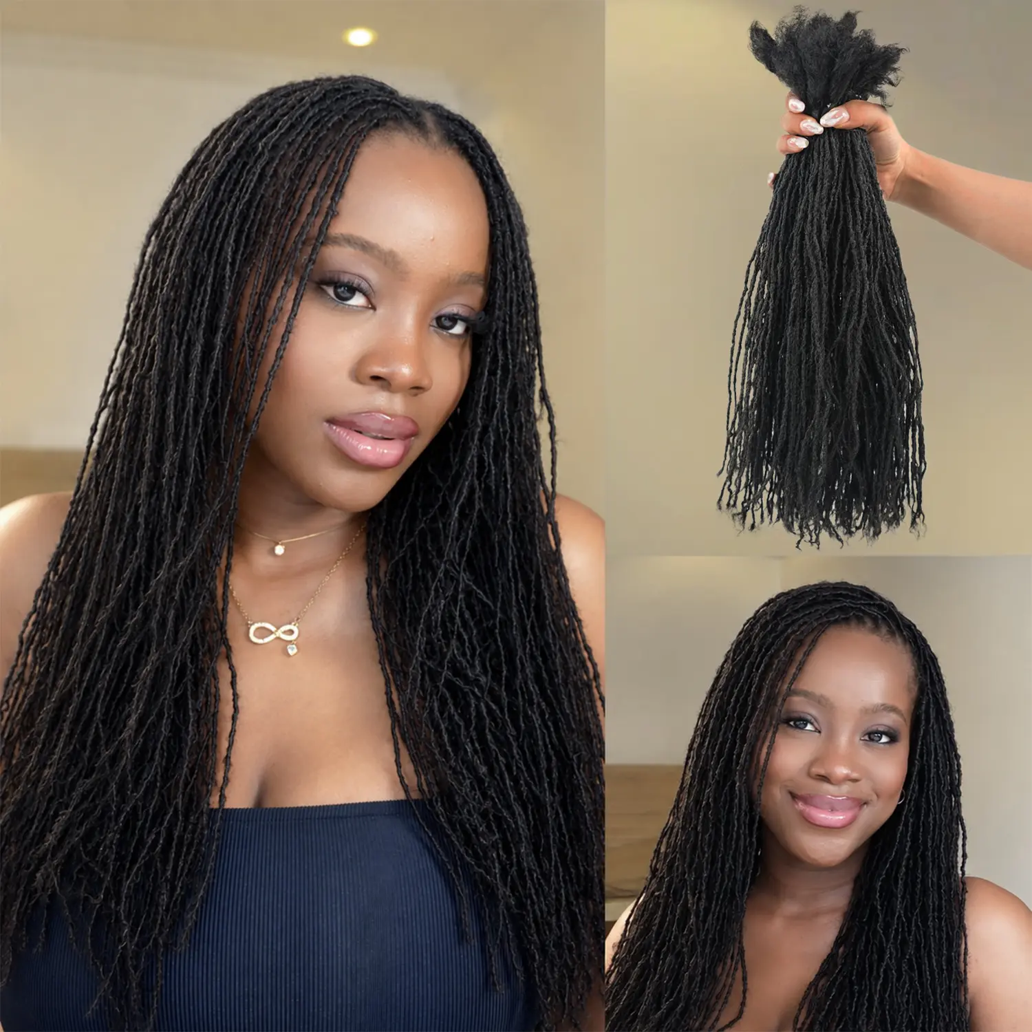 DAIXI Sister Locs Extension Human Hair Natural Black Interlock Locs Handmade Micro Dreadlocks with Curly Ends Afro Kinky Bulk Fluffy Afro Kinky