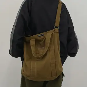 Men's Vintage Japanese-Inspired Canvas Crossbody Bag - Adjustable Strap, Casual Commuter Handbag in Khaki, Durable with Multiple Pockets for Everyday Use, Small Crossbody Bag