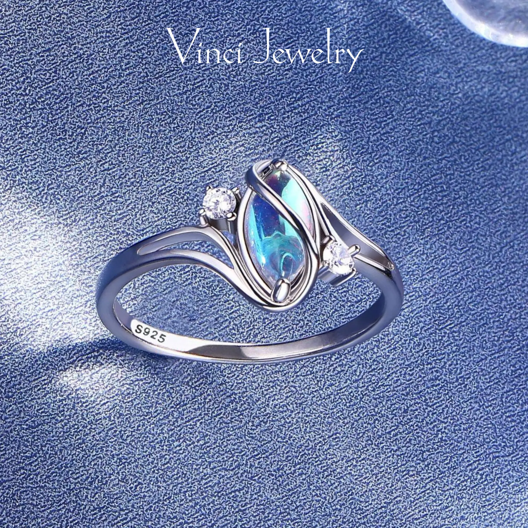 925 Synthetic Moonstone Ring with 5A CZ Accent Design, Elegant Women's Rainbow Stone Jewelry for Girls, Romantic Moon Ring Perfect Gift for Lover as Birthday and Christmas, for Daily Wear and Party,Mother's day Gift