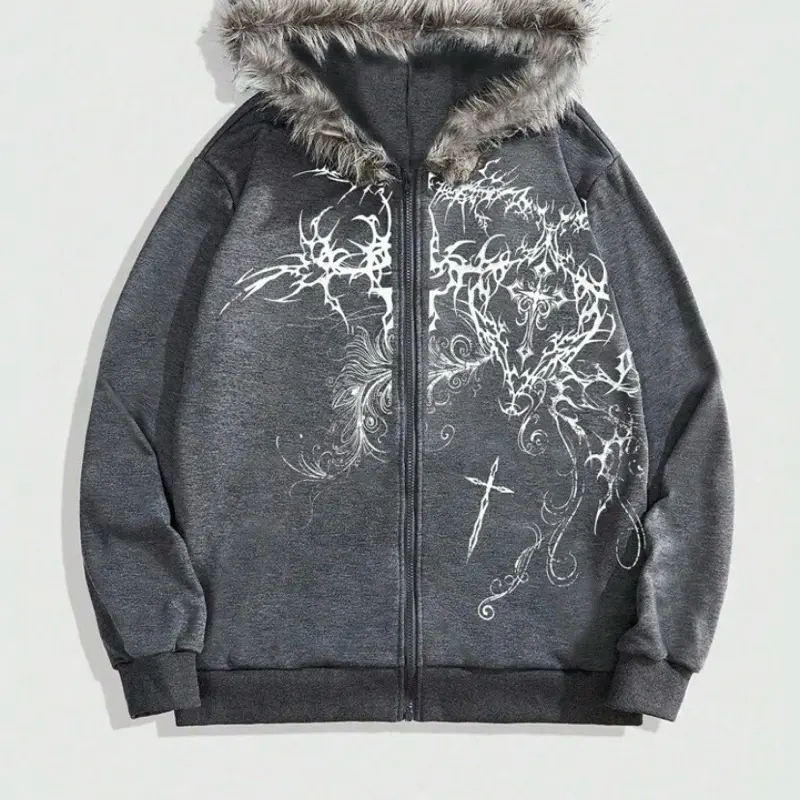 Grey Hoodie with Fire Graphic Design