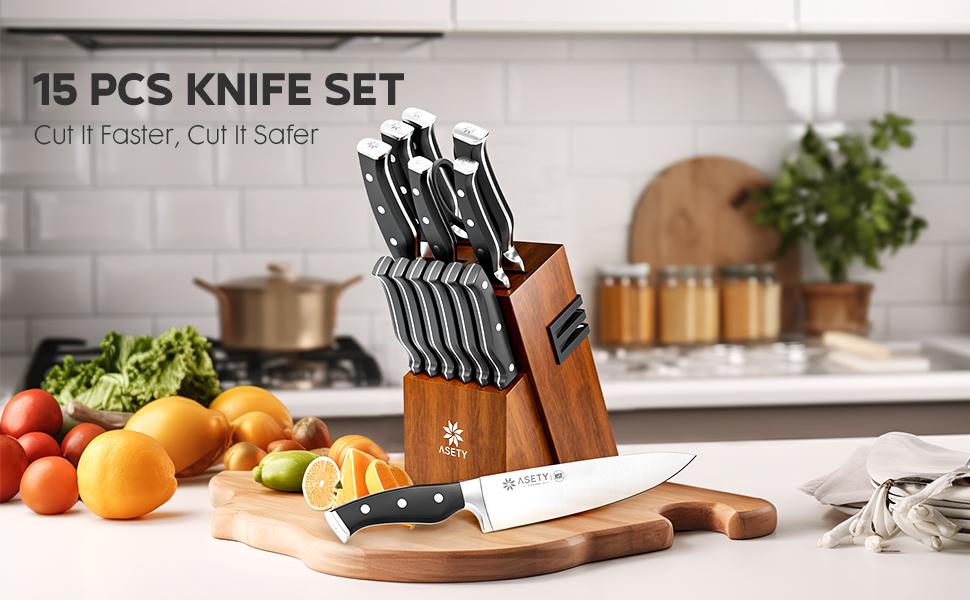 ASETY 15 PCS Kitchen Knives Set with Block NSF Built-in cooking Knife Sharpener Block German Stainless Steel Knife Block Set Full Tang professional Chef Knife Set Food sharp steak knife Meat Boning set for men's box gift Wooden Block Handles Holder ASETY 15 PCS Kitchen Knives Set with Block NSF Built-in cooking Knife Sharpener Block German Stainless Steel Knife Block Set Full Tang professional Chef Knife Set Food sharp steak knife Meat Boning set for men's box gift Wooden Block Handles Holder