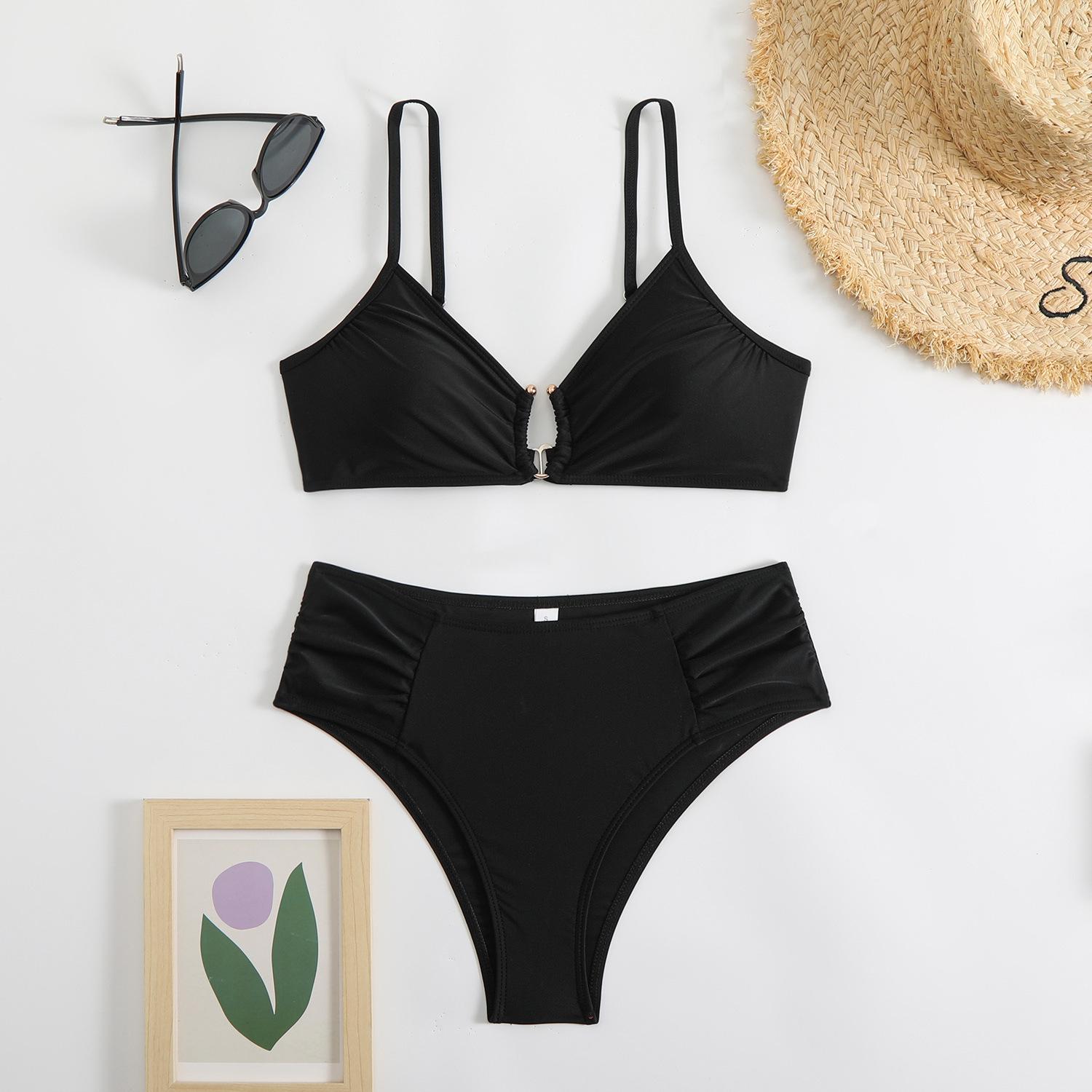 Hilor Women's Two-Piece Bikini Set with Plain Contrast Binding O-Ring Deco Ruch Swim Top & High-Cut Swim Bottoms for Summer Beach Outings