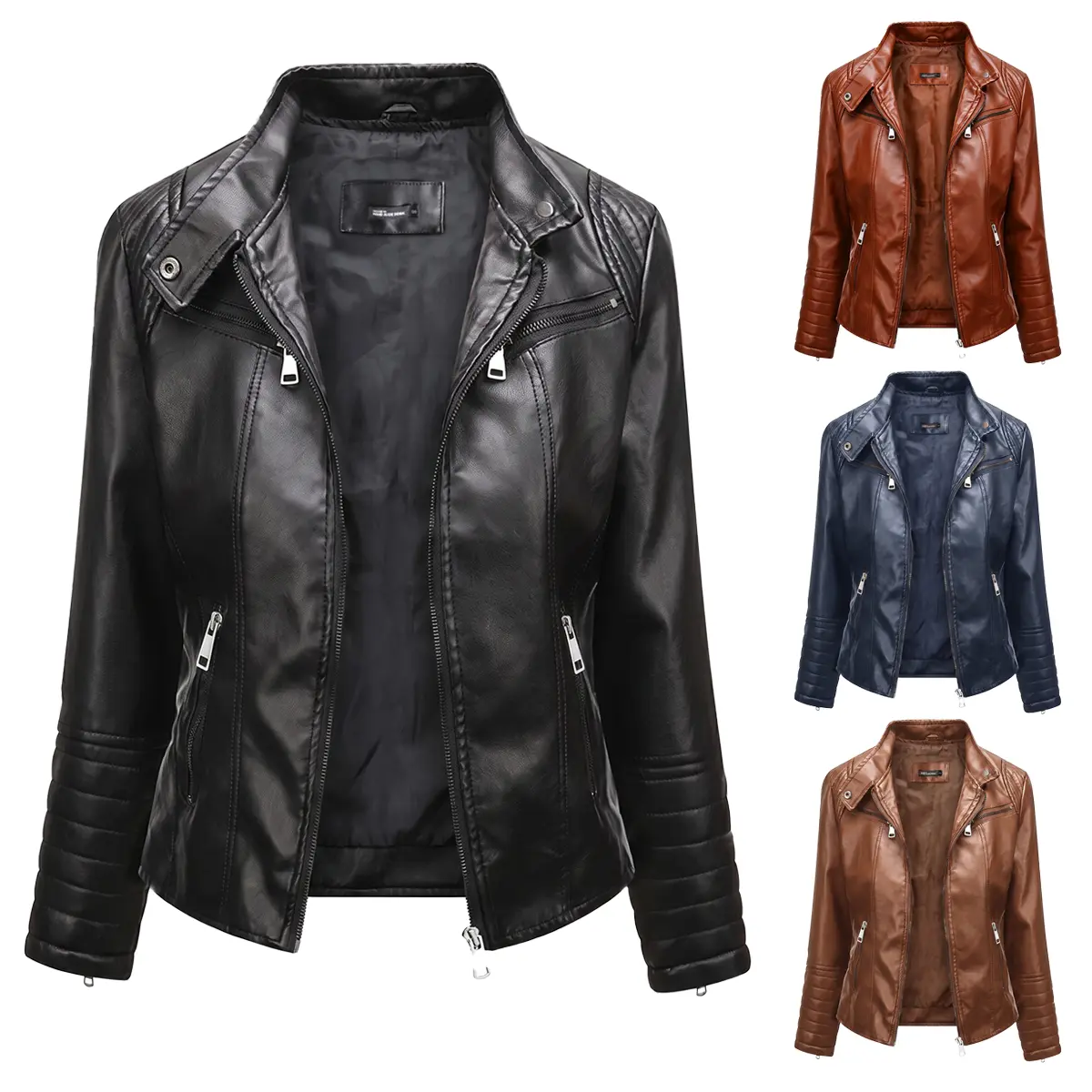 Women's Black Faux Leather Slim Stand Collar Multi-Zipper Pockets Long Sleeve PU Biker Jacket - Women's Tops, Smooth Fabric, Minimalist Everyday Spring Autumn Casual Street Outerwear