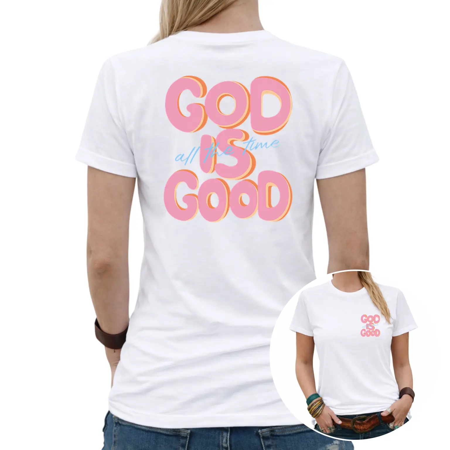 Women's Short-Sleeve Graphic Tee - Round Neck, Cotton, Fitted, Unisex Casual Church Outfit with "God is Good" Verse & Cursive Slogan, Machine Washable, Shortsleeve