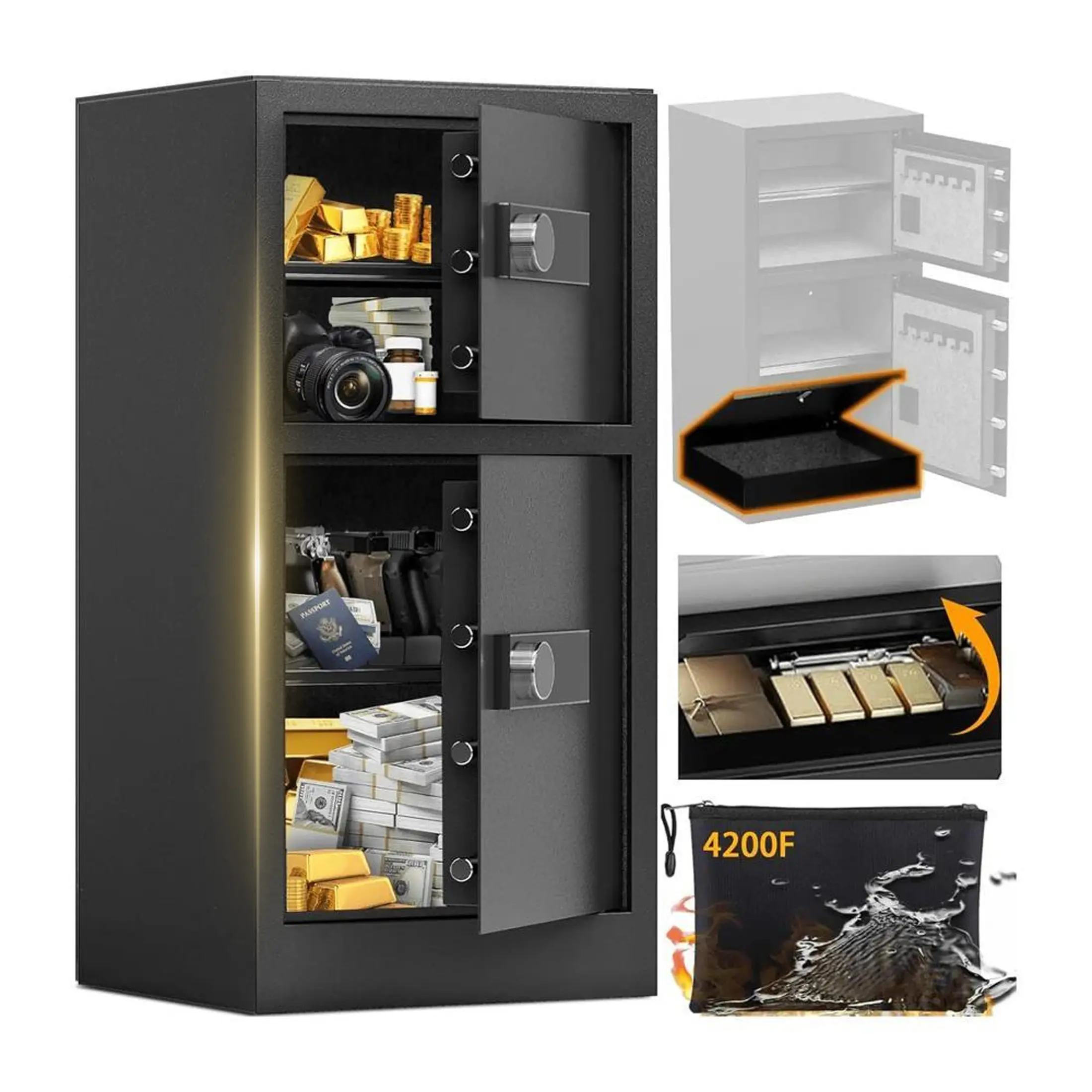 KAER 8.6 Cuft Heavy Duty Dual Door Safe Box Fireproof Waterproof with Hidden Lock Box,Removable Shelves,Silent,Fireproof safe for Home, Office, Hotel, Safe Lock Box with Fireproof Bag - Black
