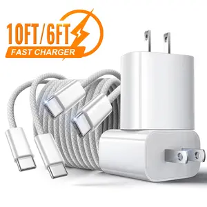 2-Pack 20W Fast Charging USB-C Wall Charger Block with 2-Pack 6FT/10FT USB-C to USB-C Braided  Cable for iPhone 17/17 Air/16/15 Pro Max，AirPods, iPad and so on