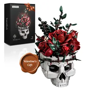 Supreowls Skull Roses Flower Bouquet Building Set, Botanical Collection Kit for Adult Women, Gift for Valentines Day for Her/Girlfriend/Mom/Wife/Couple, Goth Horror Skeleton Pot Home Table Decor Aesthetic