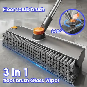 Floor Scrub Brush with Long Handle, cleaning brush,3 in 1 Scrape and Heavy-Duty Stiff Bristle