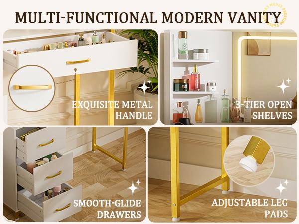 COMHOMA Vanity Desk with Mirror and Lights Makeup Vanity Table with 4 Drawers & Storage Shelves Large HD Mirror 3 Color Modes & Adjustable Brightness Modern Dressing Table for Bedroom Pearl White