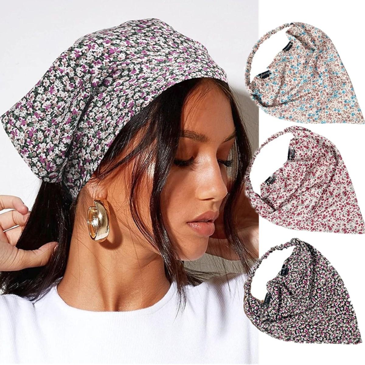 3PCS/Set Floral Printed Elastic Hair Scarf Headband Chiffon Head Kerchief Headband Floral Hair Scarves Hair Clips Hair Bandanas