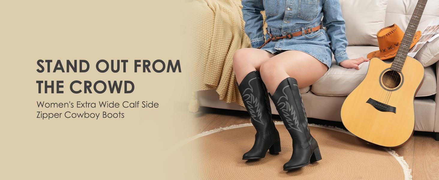 Women's Extra Wide Calf Cowboy Boots Wood Embroidered Western Cowgirl Knee High Boots Footwear Decor Red Leather