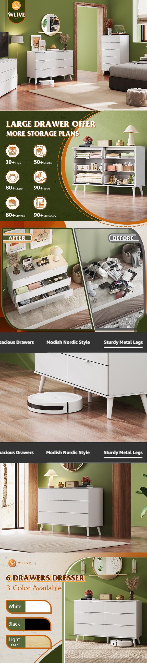 WLIVE 6 Drawer Dresser for Bedroom, 47.24'' Wide Wooden Dresser, Storage Organizer with Sturdy Metal Handle, TV Stand for 55 inch TV, Chest of Drawers for Living Room, Hallway, Closet