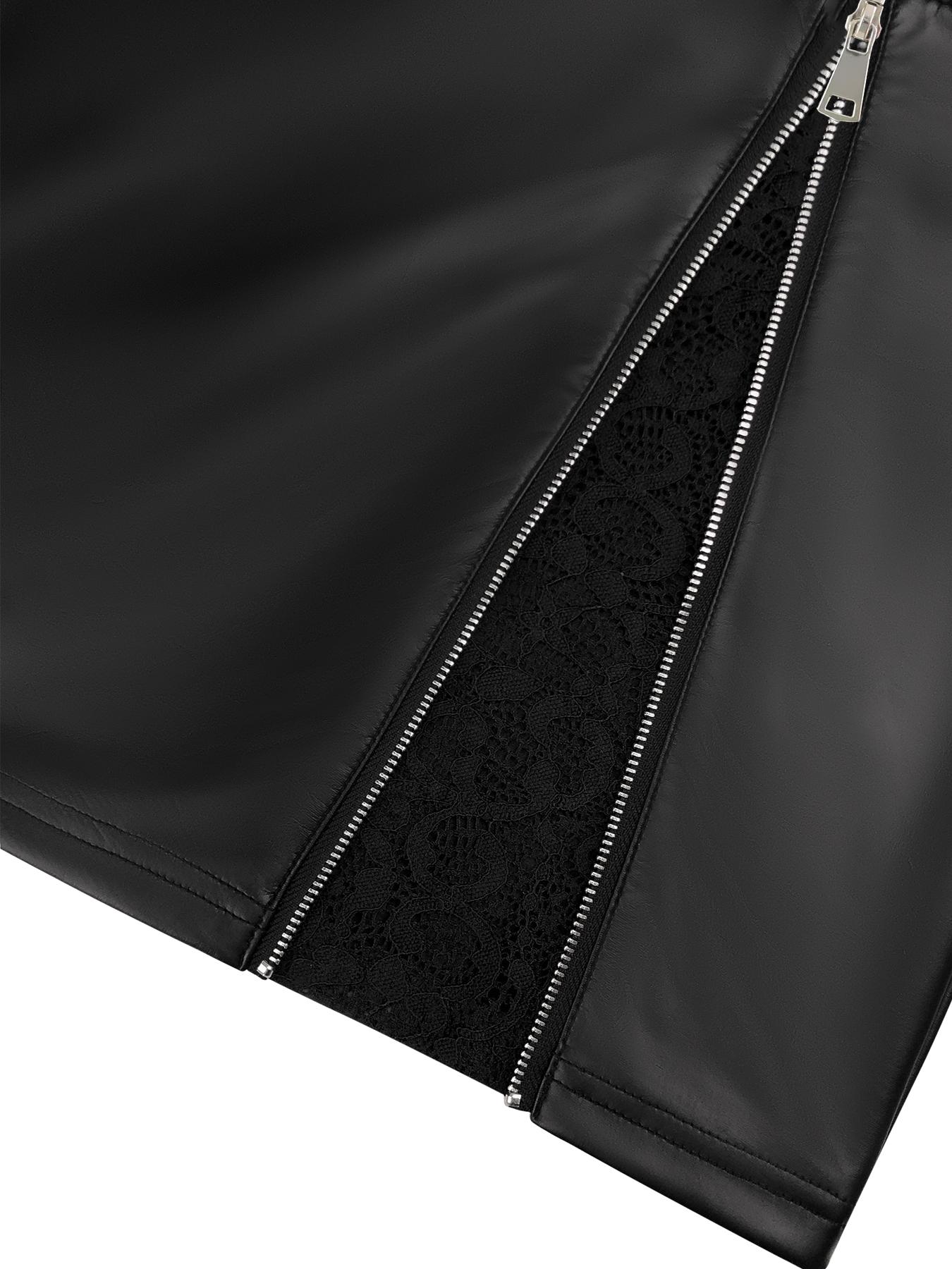 Aswulk Women's Solid Color Lace Patchwork PU Skirt with Zipper and Thin Fleece Inner Lining, Fashionable Bow Belt Mini Skirt for Daily Outdoor Wear, Ladies Bottoms for Spring & Fall & Winter Black Chic