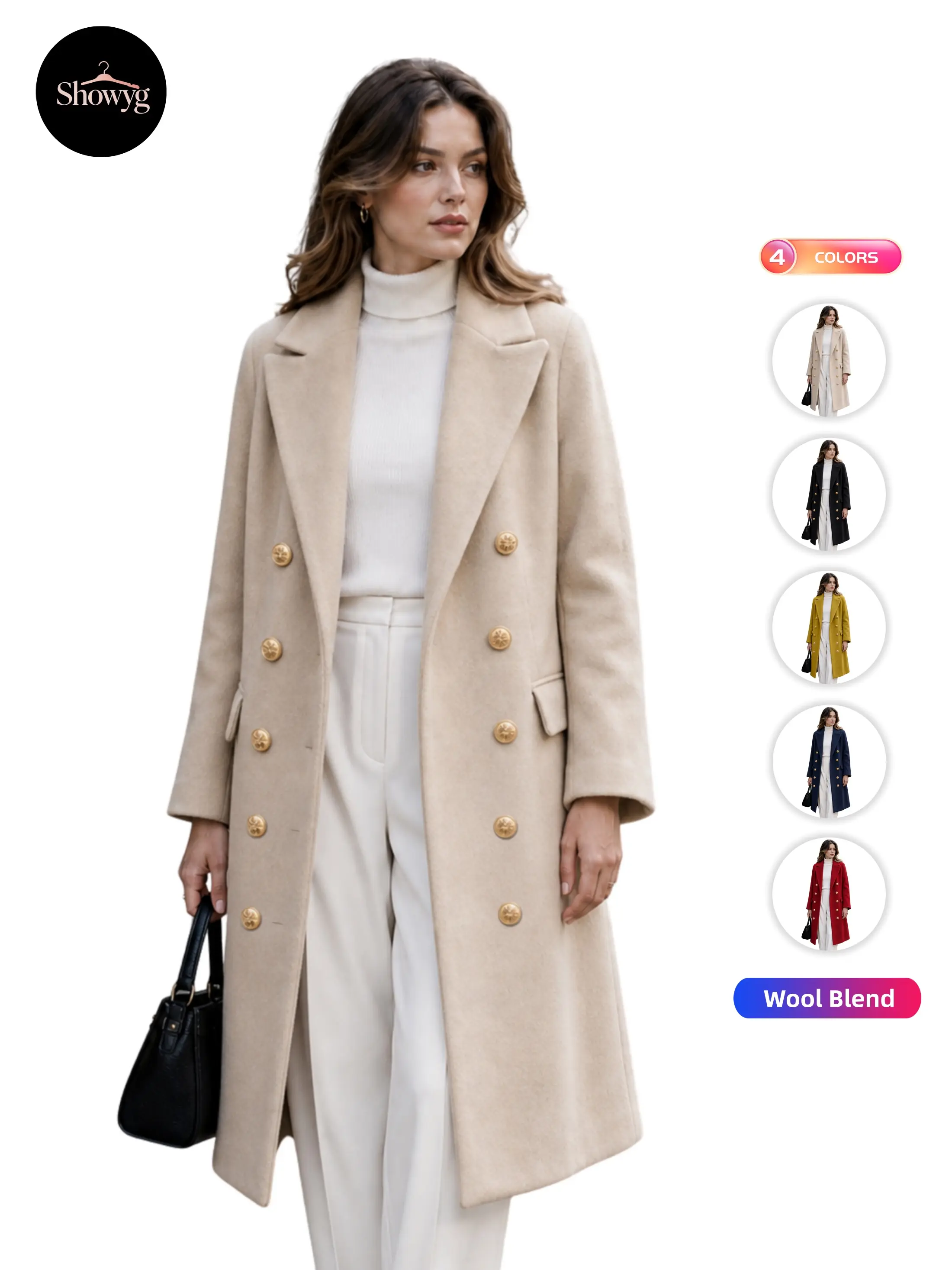 Showyg Women's Chic Elegant Lapel Collar Double Breasted Wool Blend Mid-Long Loose Straight Long Sleeve Jacket, Midi Overcoat With Decorative Front & Cuff Buttons