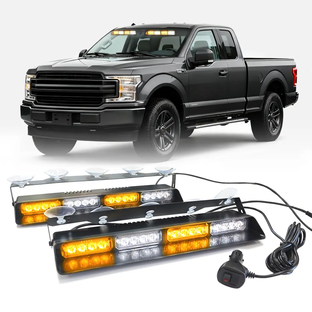 2*14 Inch 2 in 1 Emergency Dash Strobe Lights Interior Windshield Lights Amber White Warning Hazard Safety Flashing w/Suction Cups for Construction Vehicles, Trucks Car