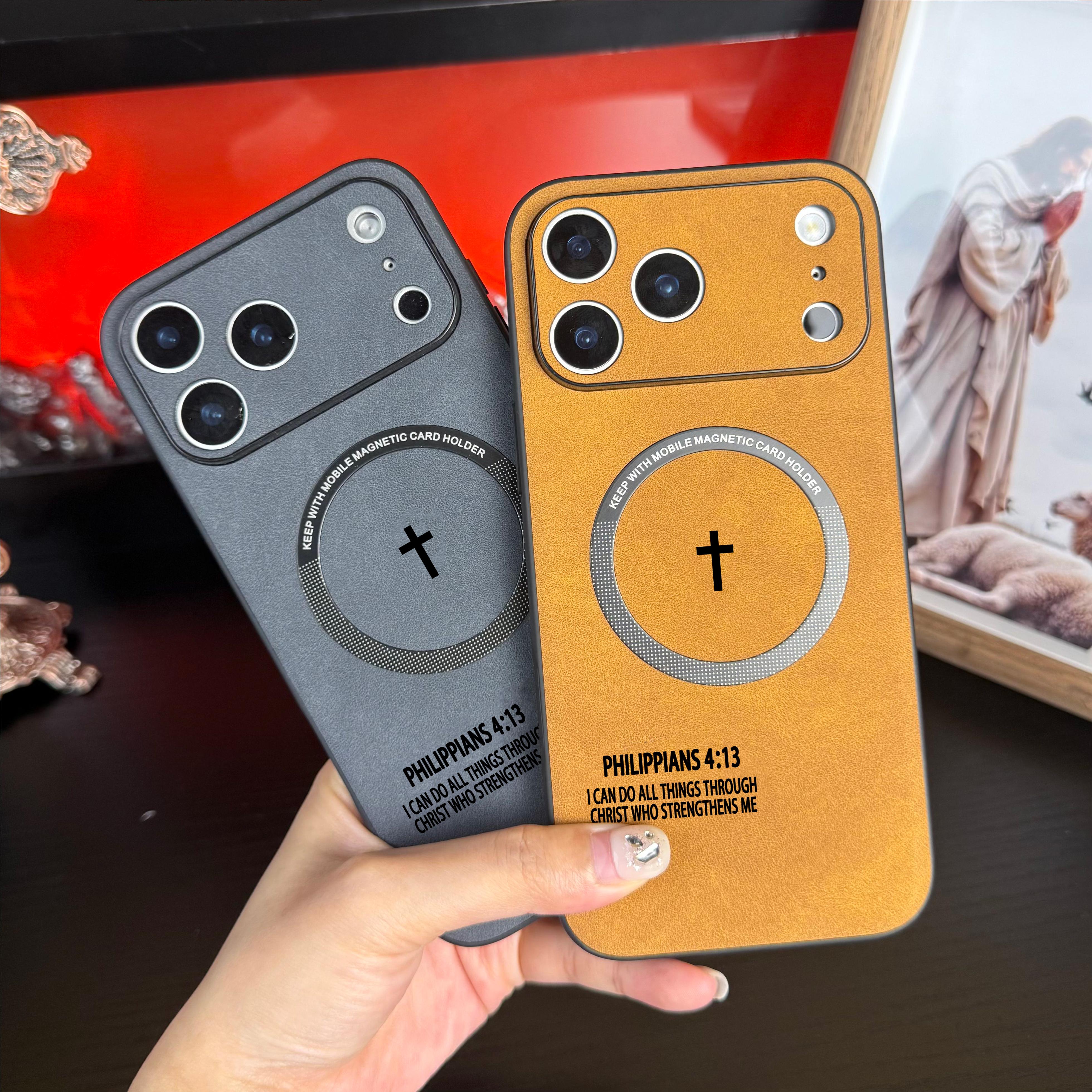 Philippians 4:13 High end leather magnetic phone case suitable for iPhone 17 Air 16 15 14 13 12 Pro Max Plus, supports magsafe charging, feels comfortable to the touch, fully wrapped anti drop and anti slip phone case-ZQ60