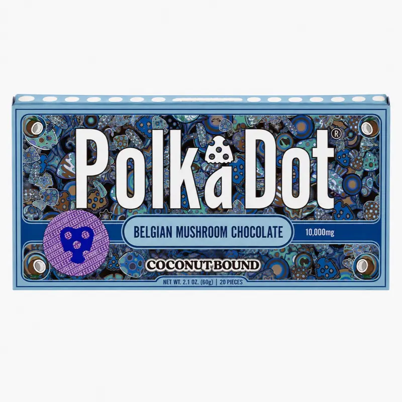 Polkadot Belgian Chocolate, Coconut Bound, 20 Count, High Potency Plant-based Mushroom Snack, 100% Organic, High-Quality Ingredients, Made in USA, All Natural, Healthy Chocolate, 20 Piece Chocolate Bar