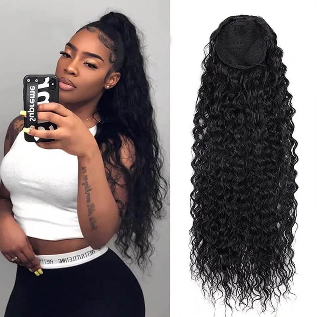 OQ HAIR Water Wave Ponytail InvisiFit Strap Cap With Clip In 100% Human Hair Ponytail Hair Kinky Straight Ponytail Hair Extensions Beginner Friendly