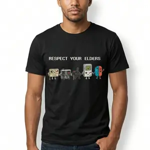Funny "Respect Your Elders" Retro Gamer T-Shirt. Nostalgic 90s Pixel Art Controller Graphic Tee.  oversize Trend  Gift for Him Her Unisex Cotton Top