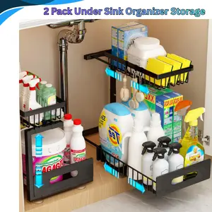 2 Pack Under Sink Organizer Storage – 2 Tier Pull-Out Cabinet Organizer with Metal Sliding Drawers, Kitchen Cupboard Under Sink Shelf for Kitchen Organization, Bathroom, Pantry & Closet Storage