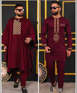 African Men's Embroidered Agbada Shirt Pants 3-Piece Set: Traditional Wedding Attire Groom Groomsmen Aso Ebi Birthday Party Outfit