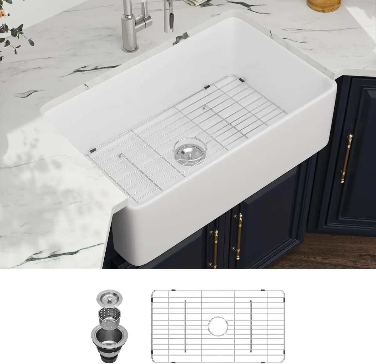 Kichae 30-Inch White Farmhouse Fireclay Ceramic Apron Front Single Bowl Kitchen Sink, 30x20x9-Inch Flat Deep Rectangular Basin with Rounded Corners, Fireclay Construction, Basket Strainer & Bottom Grid Included, Adjustable, Kitchen Renovations