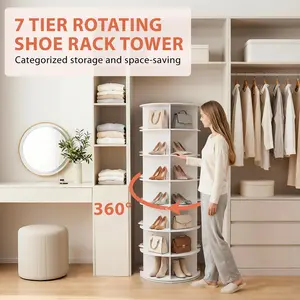 Shoe Rack 7 Tier Rotating Tower, Closet Organizers and Storage Spinning Lazy Susan, Revolving 360 Shoe Organizer for Entryway, Round Carousel Vertical Handbag Rack for Shoes and Bags