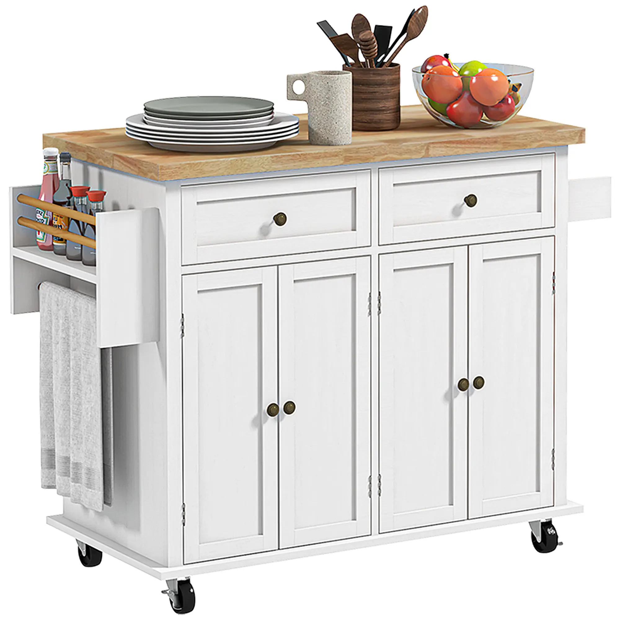 Modern Rolling Kitchen Island Cart – Distressed White. Kitchen Island with Spice Rack, Drawers, Cabinets & Towel Bar. 43.75"W x 17.5"D x 32.5"H