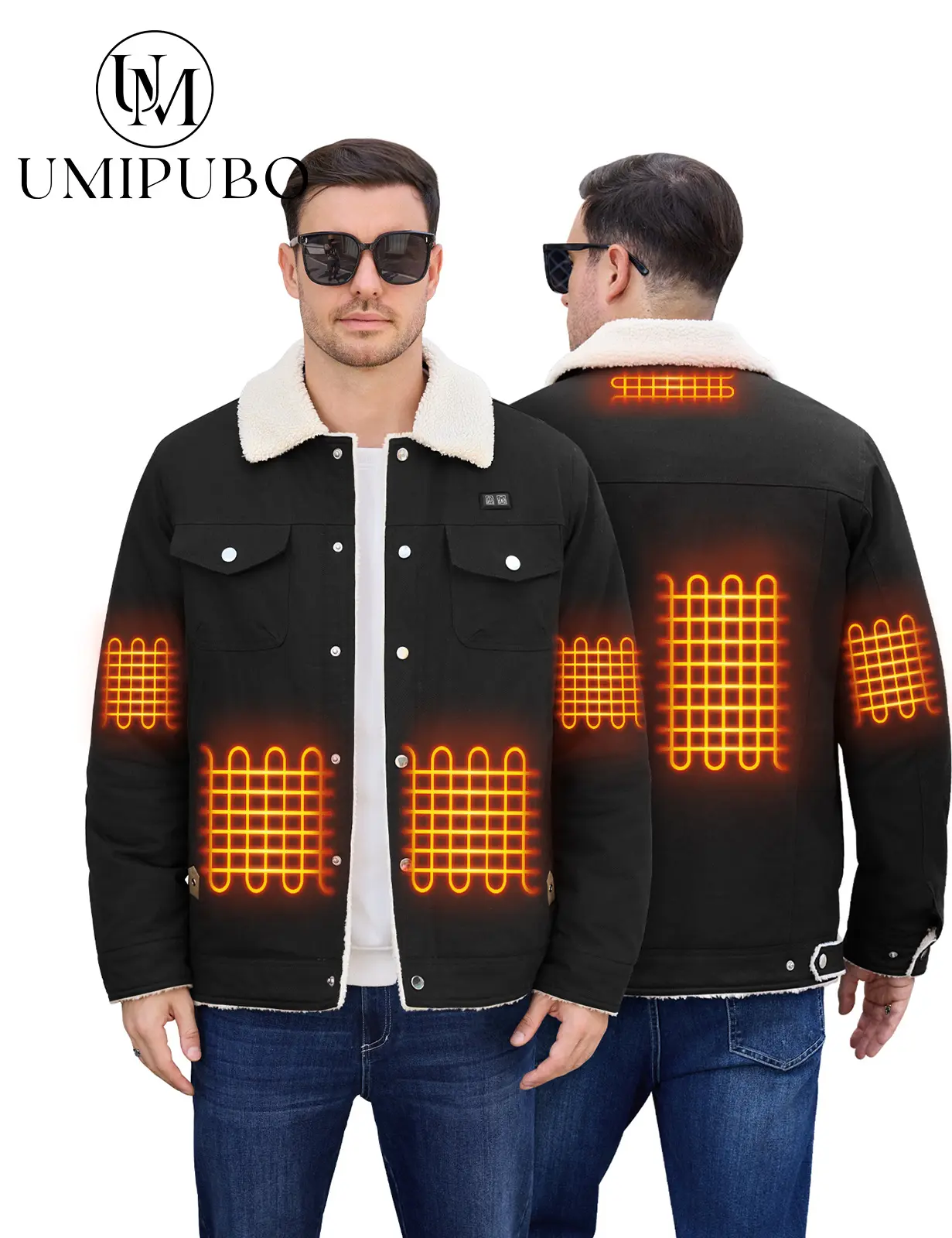 UMIPUBO Men's Heated Fleece Jacket with 5 Heat Zones, Sherpa Lining, Snap Closure, Warm Winter Outdoor Coat