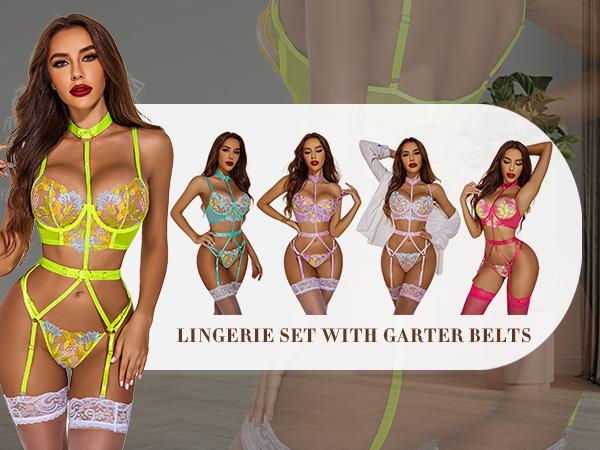 Avidlove Garter Lingerie Sets for Women Lace With Removable Choker Floral Embroidered Underwire Lingerie