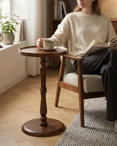 Relefree 12.6" Small Drink Table,Round Side Table with Thickened & Widened Pedestal Base,Martini Table with Waterproof Edge,Modern Solid Wood Tray Top End Table for Small Spaces,Corners,Walnut Pattern