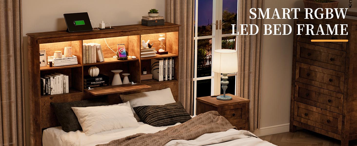 AMERLIFE Full/Queen/King Size Bed Frame with Storage Bookshelf Headboard, Industrial Wooden Bed Frame with Charging Station & 4 Drawers, No Box Spring Needed/Luxury Bedroom Furniture
