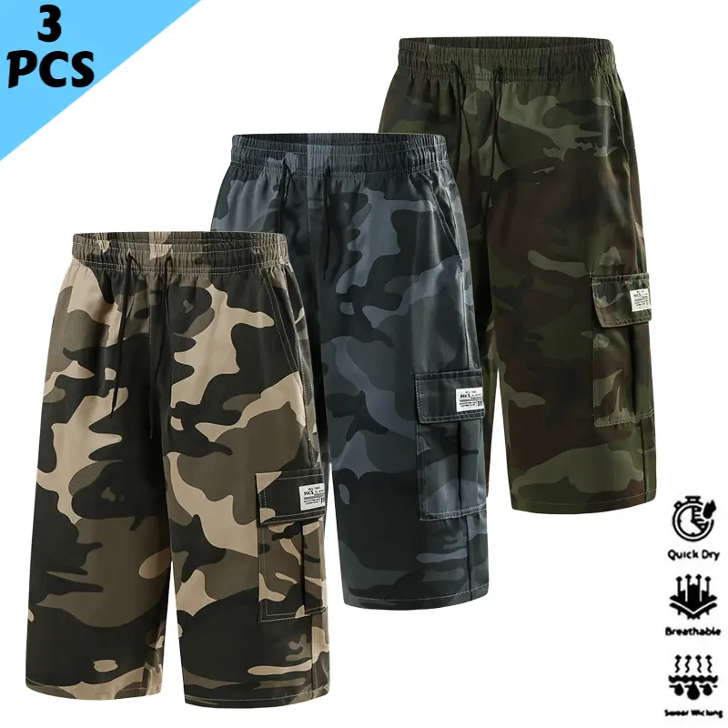 3-Pack Men’s Plus Size Camo Cargo Shorts, Multi-Pocket Elastic Waist Wear Resistant Shorts Casual Camouflage essential shorts shorts for the summer shorts for summer men shorts short shorts jorts for men shorts para hombre