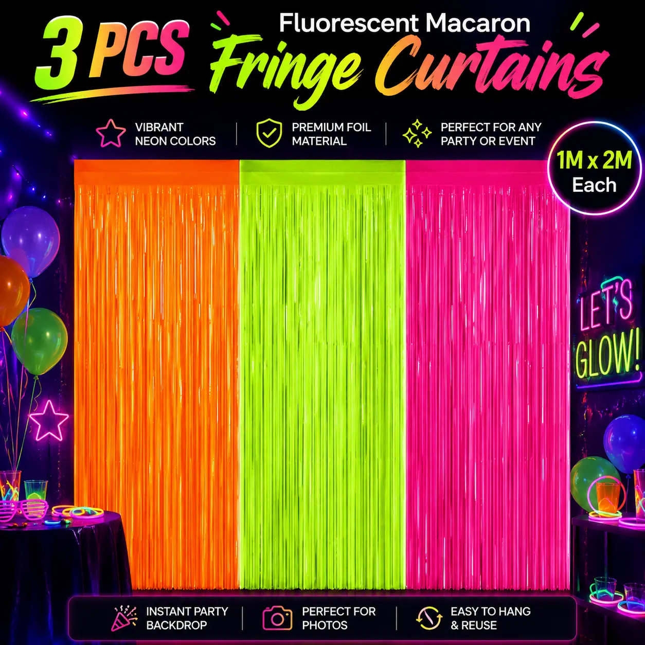 3 Pcs Glow in the Dark Fringe Curtains - Neon Orange, Pink & Green Tinsel Foil Streamers, 3.28x6.56ft Fluorescent Party Backdrop Decor, Photo Banners for Birthday, Halloween