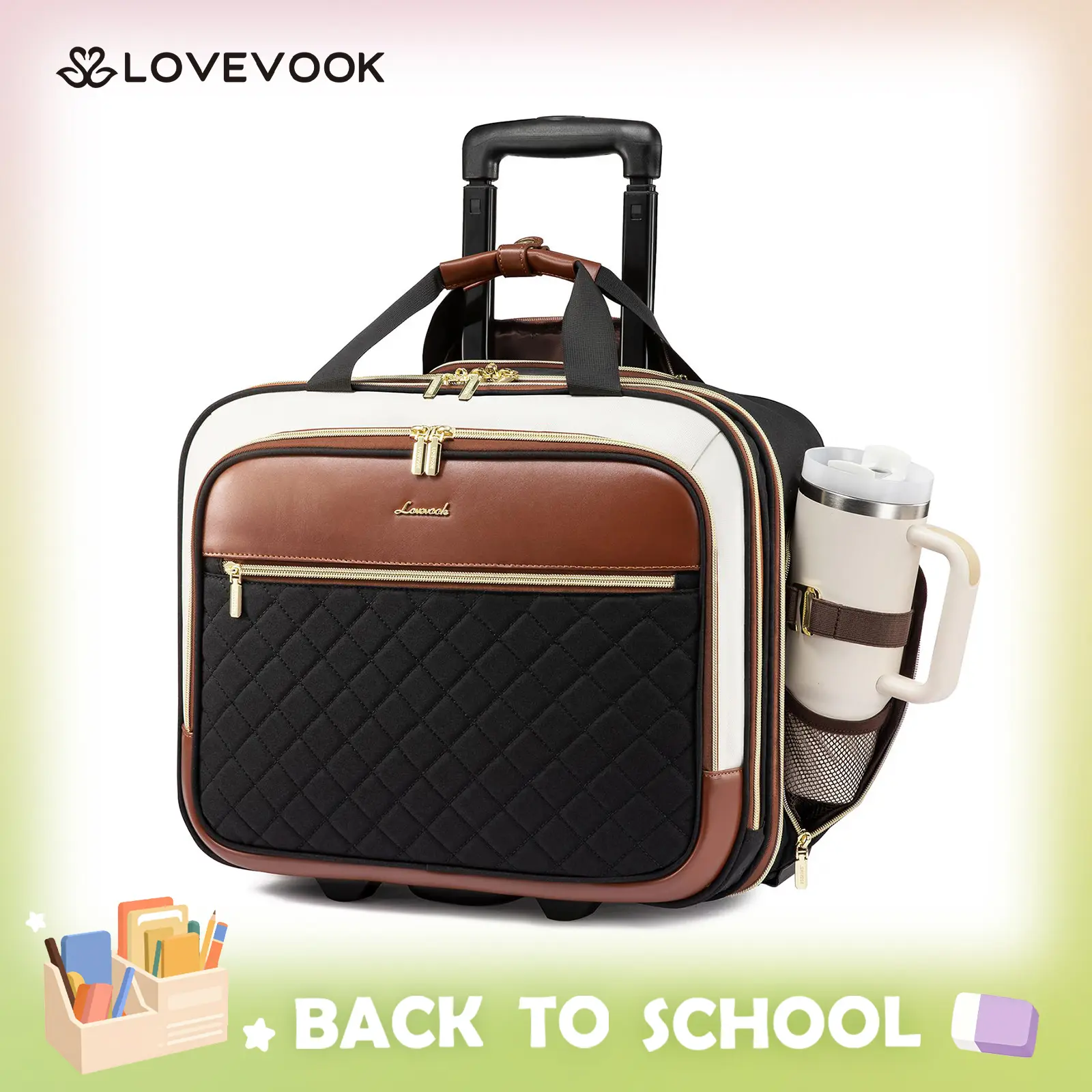 LOVEVOOK Rolling Laptop Bag Women, 17.3 Inch Laptop Briefcase with Two Wheels, Soft Sided Underseat Carry On Luggage Personal Item Suitcase for Work Travel Business, Black Brown TikTokShopBackToSchool