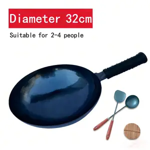 Authentic Zhangqiu Hand-Forged Carbon Steel Wok, 12.6" (32cm) Master Mirror Finish, No Chemical Coating, Traditional Craftsmanship, 4-Piece Set (Includes Lid, Spatula & Ladle)
