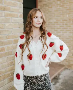 Creme Knitted 3d Strawberry Cardigan ILS9008