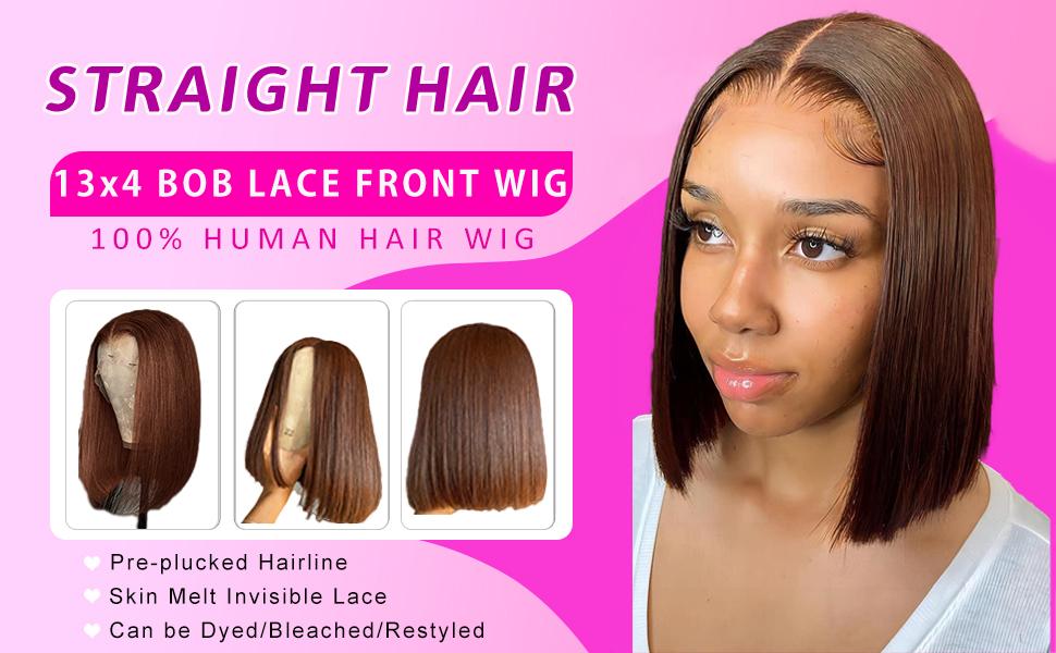 180% Density Brown Bob Wig Human Hair 13x4 HD Lace Frontal Short Straight Lace Front Bob Wigs For Black Women Chocolate Brown Human Hair Wig Pre Plucked Glueless Side Part Chocolate Brown Wig 10 Inch