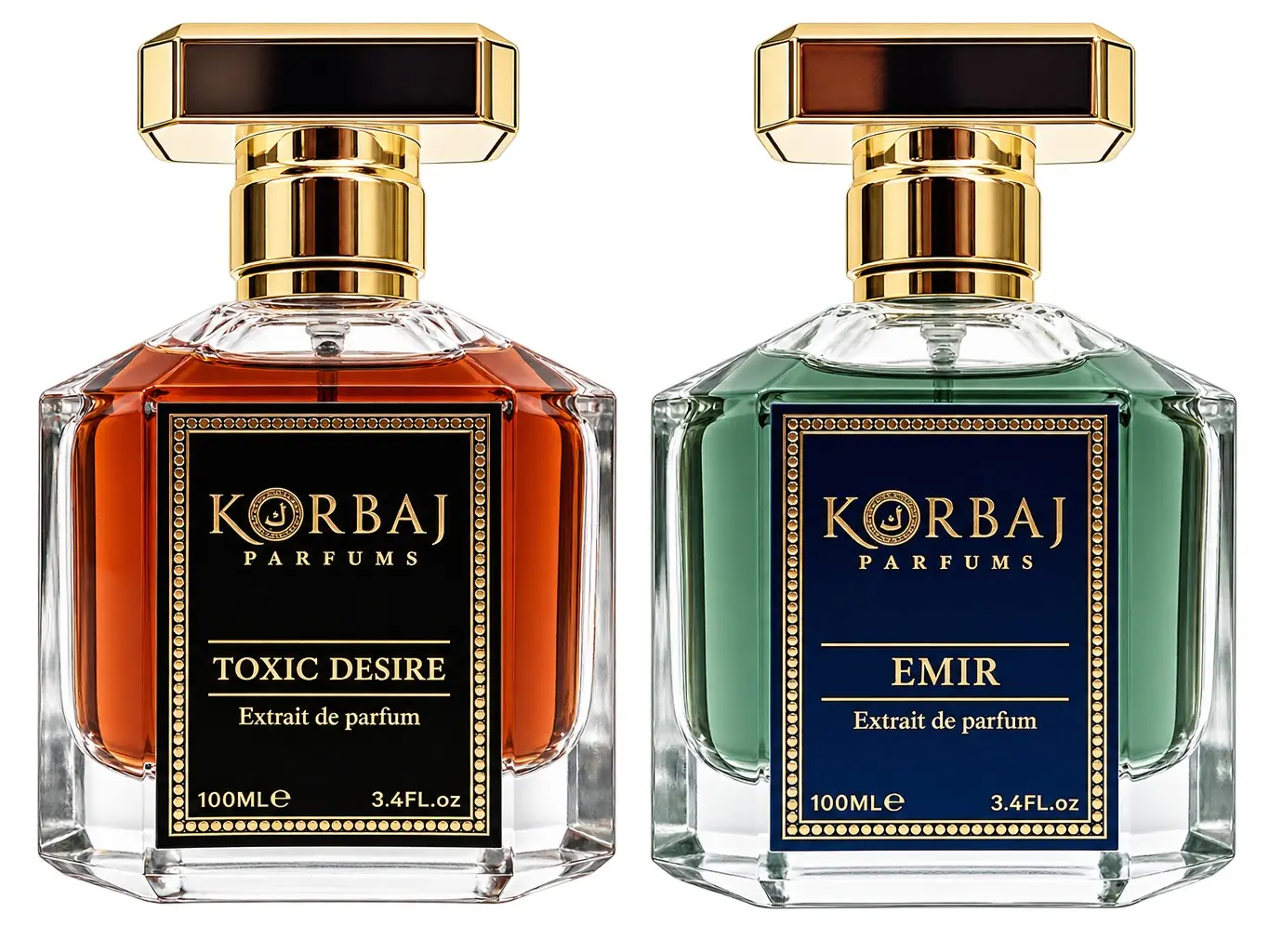 KORBAJ PARFUMS Toxic Desire & Emir Perfume Set for Women and Men, Arabian Unisex Fragrance Set, Vanilla, Amber & Musk, 2 x 100ml