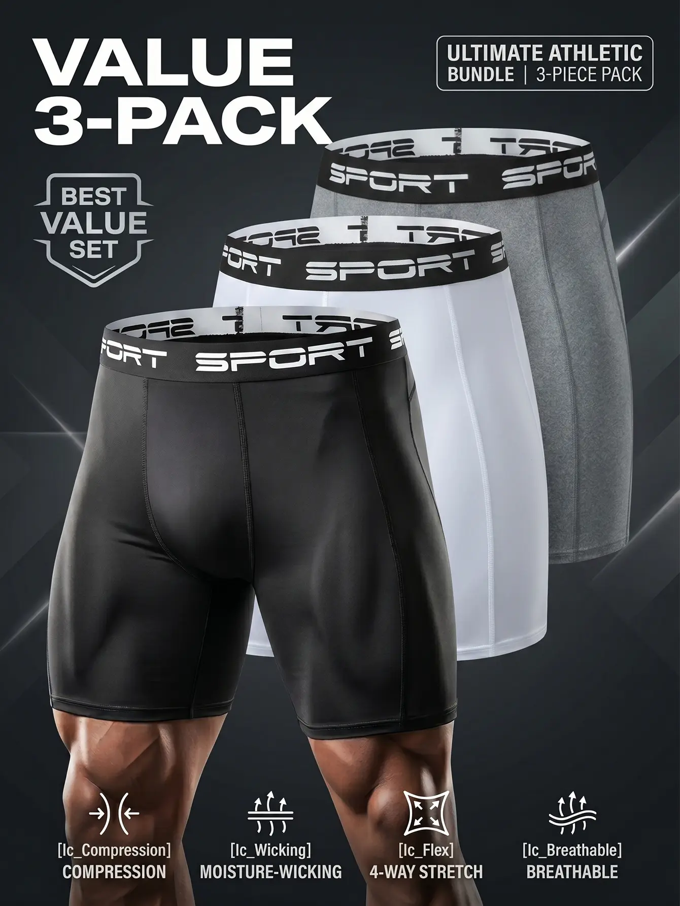 3-Pack Men's Compression Shorts Athletic Performance Base Layer Shorts Moisture-Wicking 4-Way Stretch Sports Underwear
