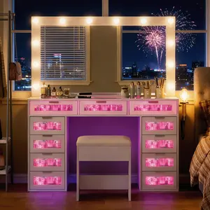HUAYING Vanity Desk with LED Mirror & RGB Lights, Makeup Vanity Table with 10 Drawers & Matching Stool, Dressing Table for Bedroom