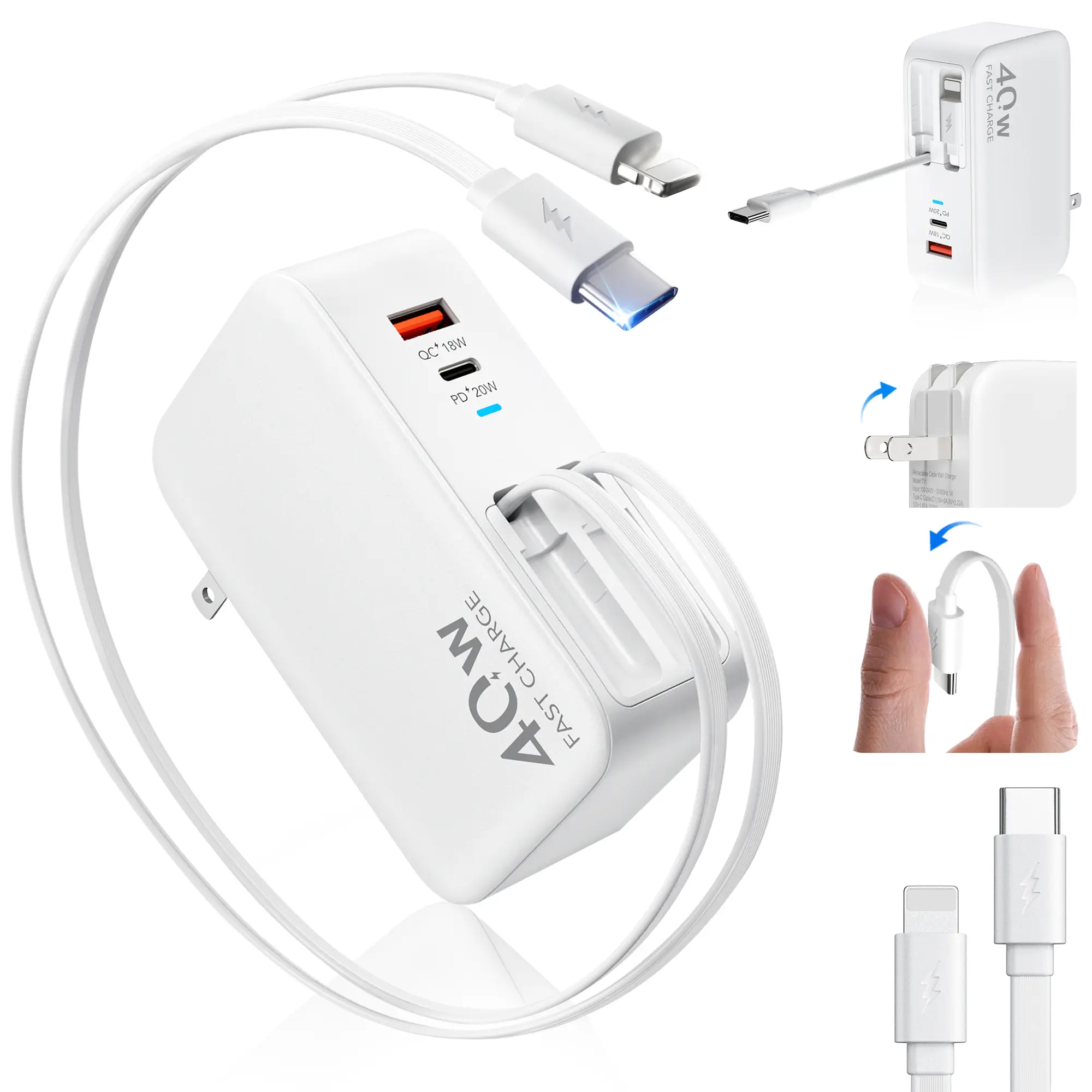 SPGUARD Versatile 4-in-1 Retractable 78W MAX Fast Phone Charger Adapter - Foldable Plug, Dual USB Ports, 90cm Lightning & Type-C Cables, Overheat Protect, Wide Compatibility for iPhone & Android (iPhone 17/16/15, iPad, Galaxy, Pixel, Smartphone), Cellphon