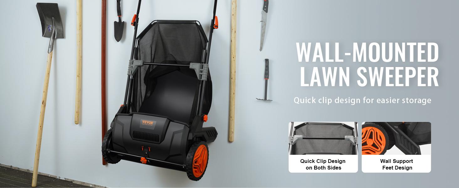 【Summerfinds】VEVOR 21-Inch Push Lawn Sweeper Leaf & Grass Collector Tool, 3.5 cu. ft. Non-Woven Mesh Hopper Bag, 2 Spinning Brushes, Strong Rubber Wheels, Adjustable Handle, Height-Adjustable Design - Ideal for Leaf Cleanup, Hang Wall Storage, Dad Gift, T