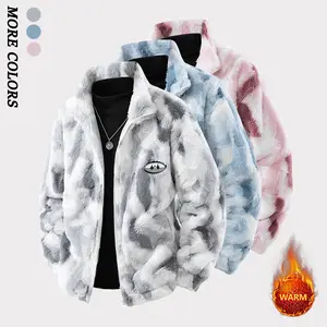 Men's Winter Fleece Tie-Dye Colorblock Jacket – Thick, warm coat featuring a letter logo woven patch, ribbed cuffs, and a zippered front closure; perfect for outdoor hikes, jogging, fishing, or everyday casual wear; fleece lining provides windproof struct